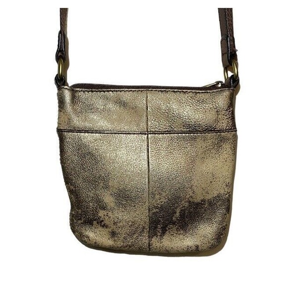 Fossil Explorer Mini Crossbody Purse Shoulder Bag Gold Metallic Leather 8x8 - Picture 6 of 9